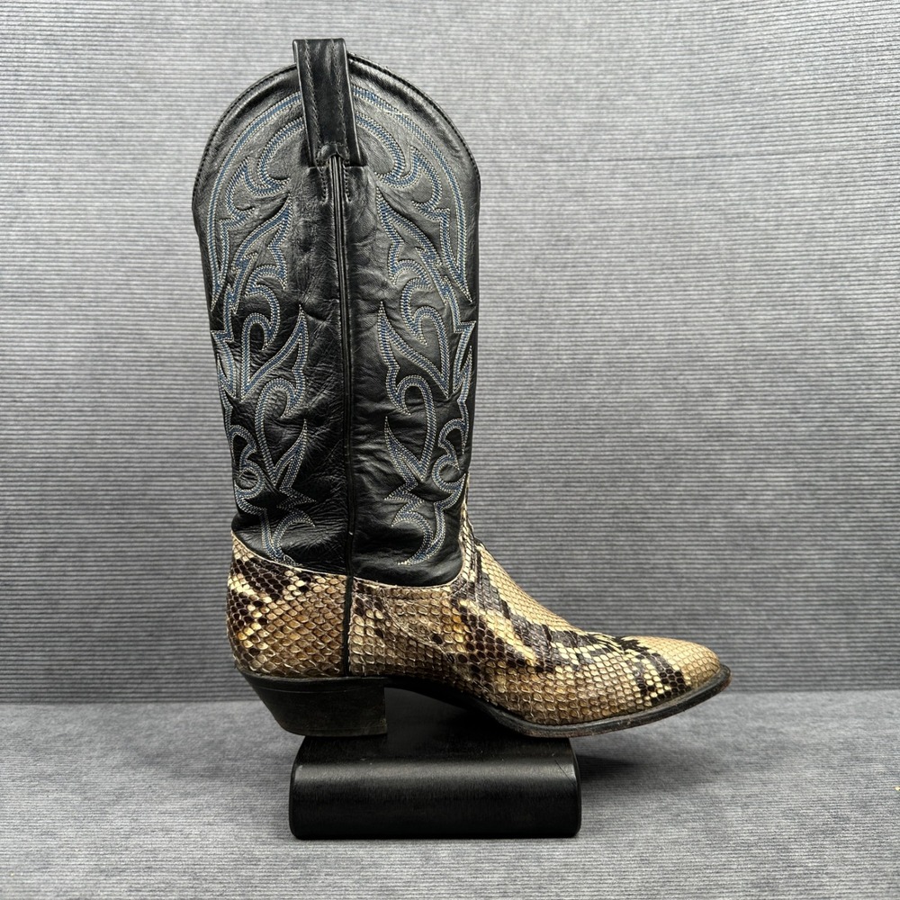 Tony Lama Mens 8 M Snakeskin Western Cowboy Boots Black Blue Stitching Y8812 vtg